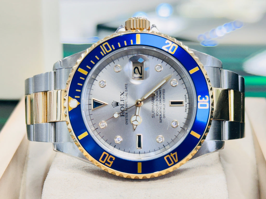 Rolex Submariner Date 16613 Yellow Gold Stainless Steel Oyster Preowned Factory Silver Diamond Serti Dial