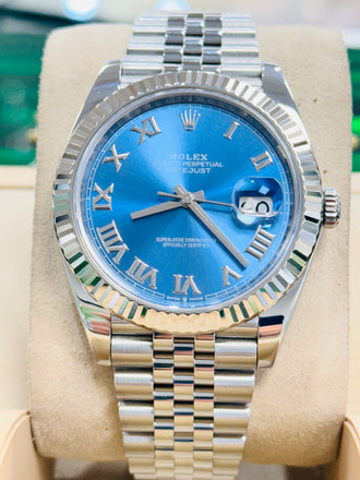 Rolex Datejust 41 126334 Blue Azzurro Roman Dial Stainless Steel Fluted Bezel Jubilee Bracelet PreOwned - Diamonds East Intl.