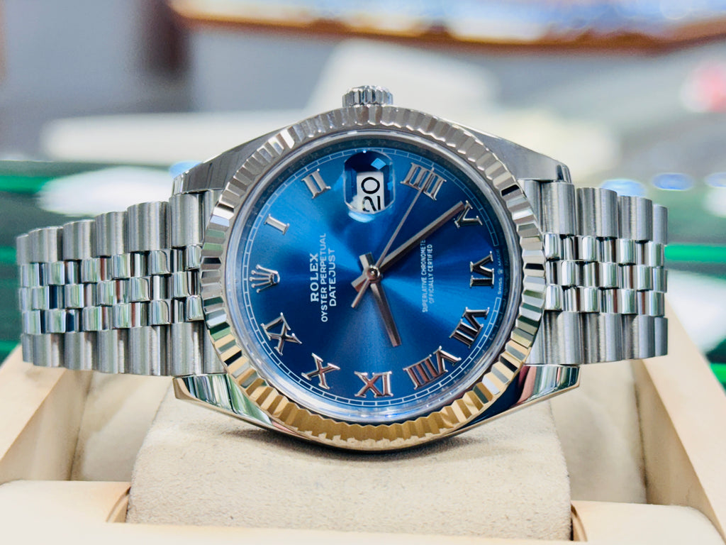 Rolex Datejust 41 126334 Blue Azzurro Roman Dial Stainless Steel Fluted Bezel Jubilee Bracelet PreOwned