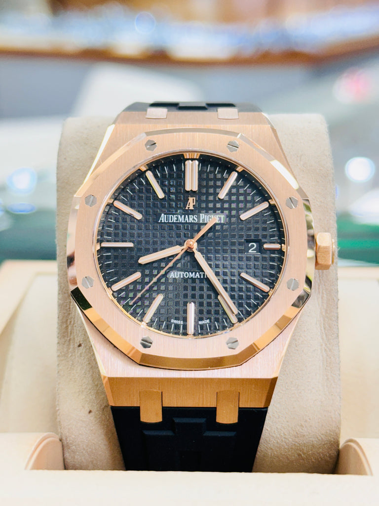 Audemars Piguet Royal Oak 15400OR 41mm Rose Gold Black Dial Rubber B Strap MINT Box and Papers PreOwned