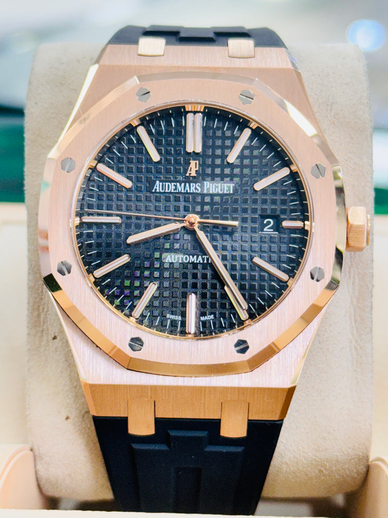 Audemars Piguet Royal Oak 15400OR 41mm Rose Gold Black Dial Rubber B Strap MINT Box and Papers 