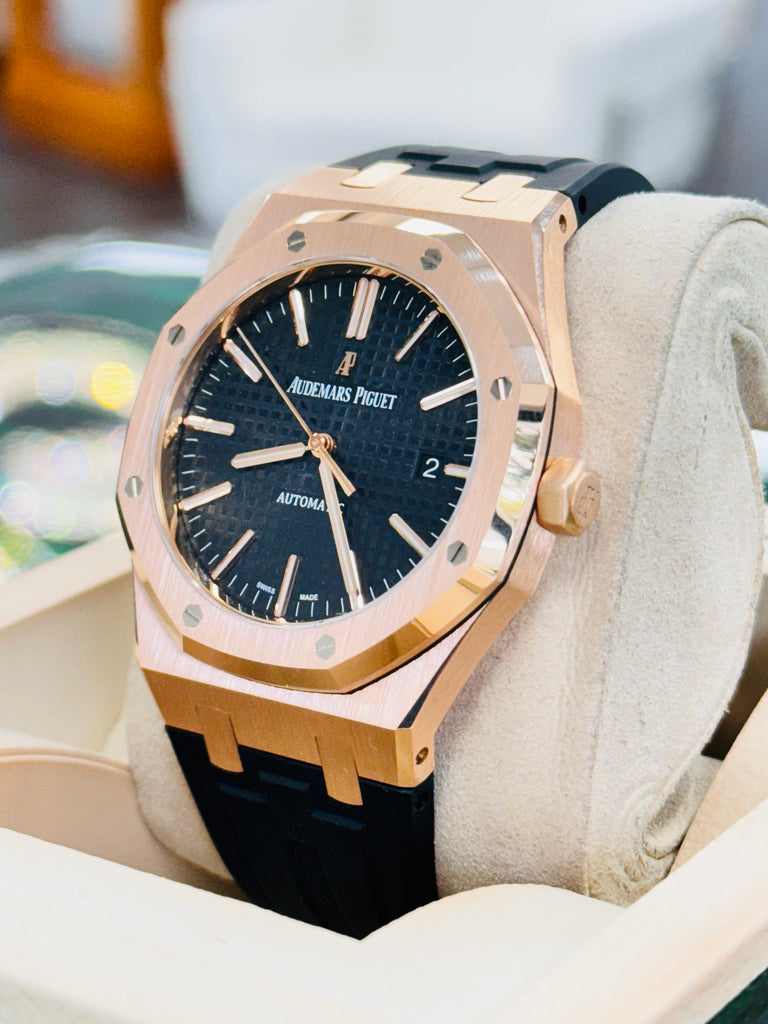 Audemars Piguet Royal Oak 15400OR 41mm Rose Gold Black Dial Rubber B Strap MINT Box and Papers PreOwned