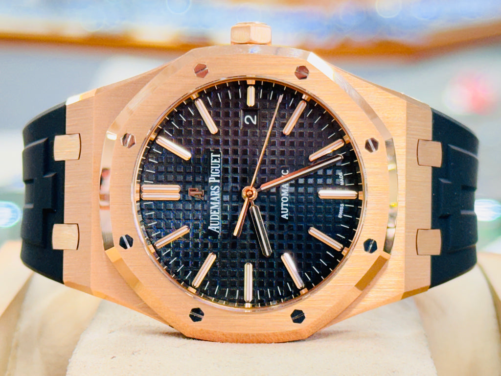 Audemars Piguet Royal Oak 15400OR 41mm Rose Gold Black Dial Rubber B Strap MINT Box and Papers PreOwned