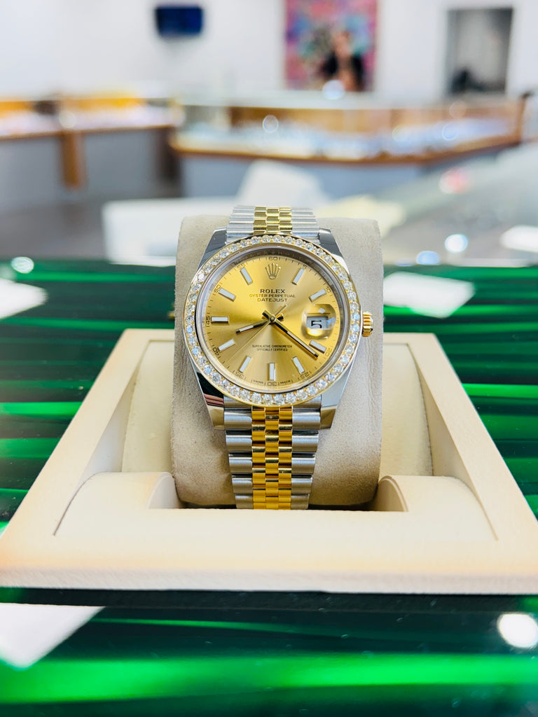 Rolex Datejust 41 126303  18k Yellow Gold/Steel Jubilee Champagne Dial Custom Diamond Bezel Jubilee Box and Papers PreOwned - Diamonds East Intl.