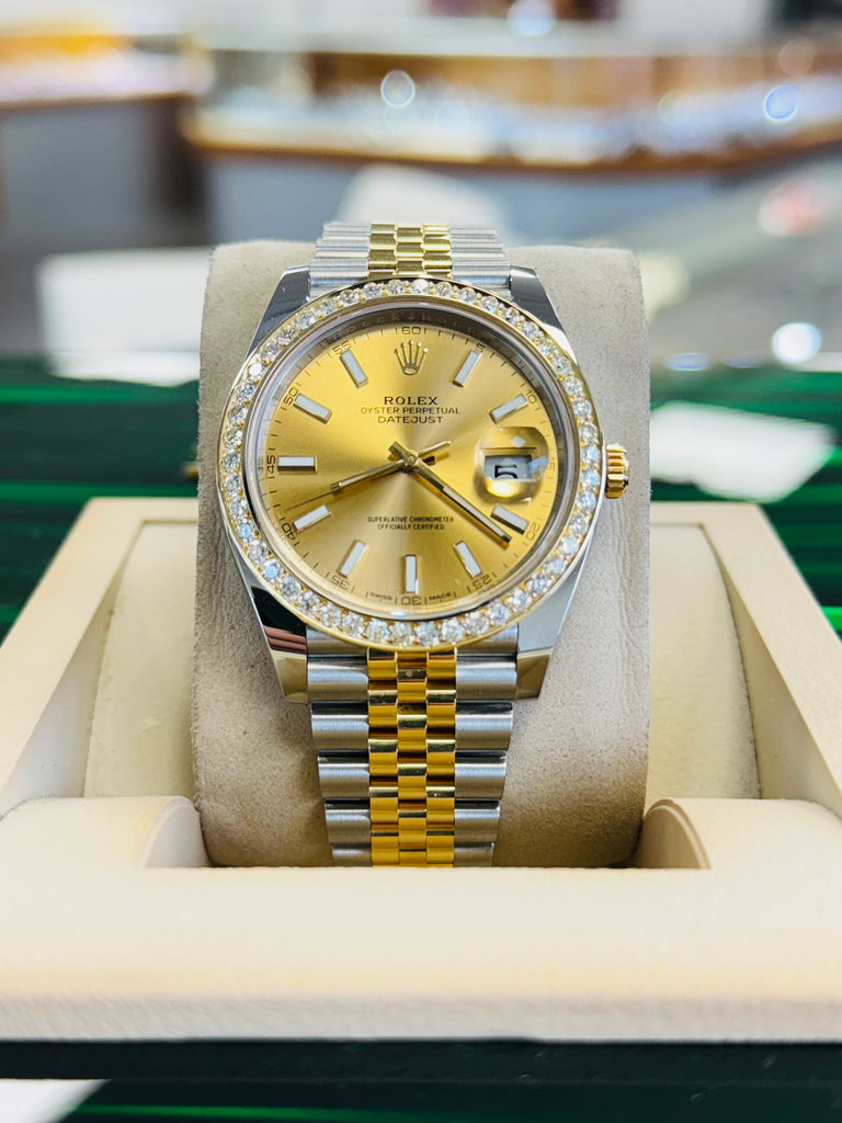 Rolex Datejust 41 126303  18k Yellow Gold/Steel Jubilee Champagne Dial Custom Diamond Bezel Jubilee Box and Papers PreOwned - Diamonds East Intl.