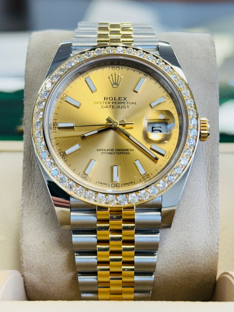 Rolex Datejust 41 126303  18k Yellow Gold/Steel Jubilee Champagne Dial Custom Diamond Bezel Jubilee Box and Papers PreOwned - Diamonds East Intl.