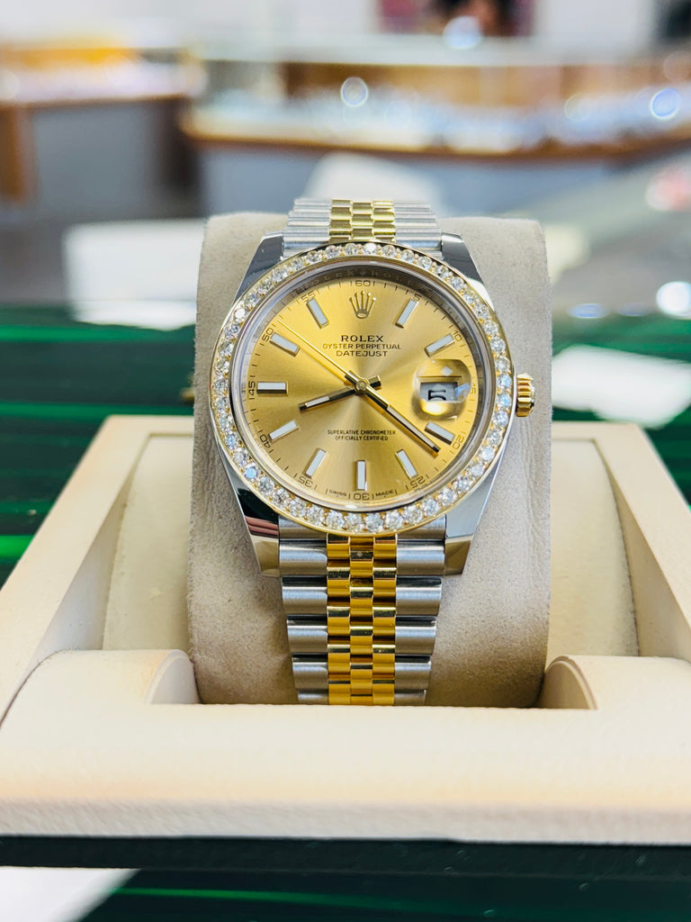 Rolex Datejust 41 126303  18k Yellow Gold/Steel Jubilee Champagne Dial Custom Diamond Bezel Jubilee Box and Papers PreOwned - Diamonds East Intl.