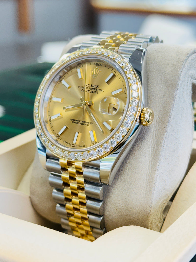 Rolex Datejust 41 126303  18k Yellow Gold/Steel Jubilee Champagne Dial Custom Diamond Bezel Jubilee Box and Papers PreOwned - Diamonds East Intl.