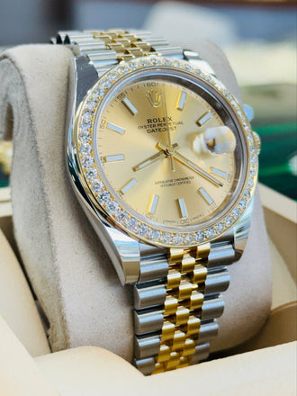 Rolex Datejust 41 126303  18k Yellow Gold/Steel Jubilee Champagne Dial Custom Diamond Bezel Jubilee Box and Papers PreOwned - Diamonds East Intl.