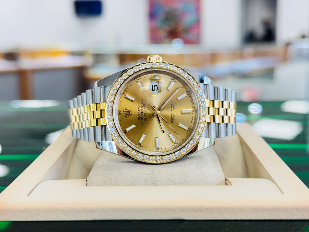 Rolex Datejust 41 126303  18k Yellow Gold/Steel Jubilee Champagne Dial Custom Diamond Bezel Jubilee Box and Papers PreOwned - Diamonds East Intl.