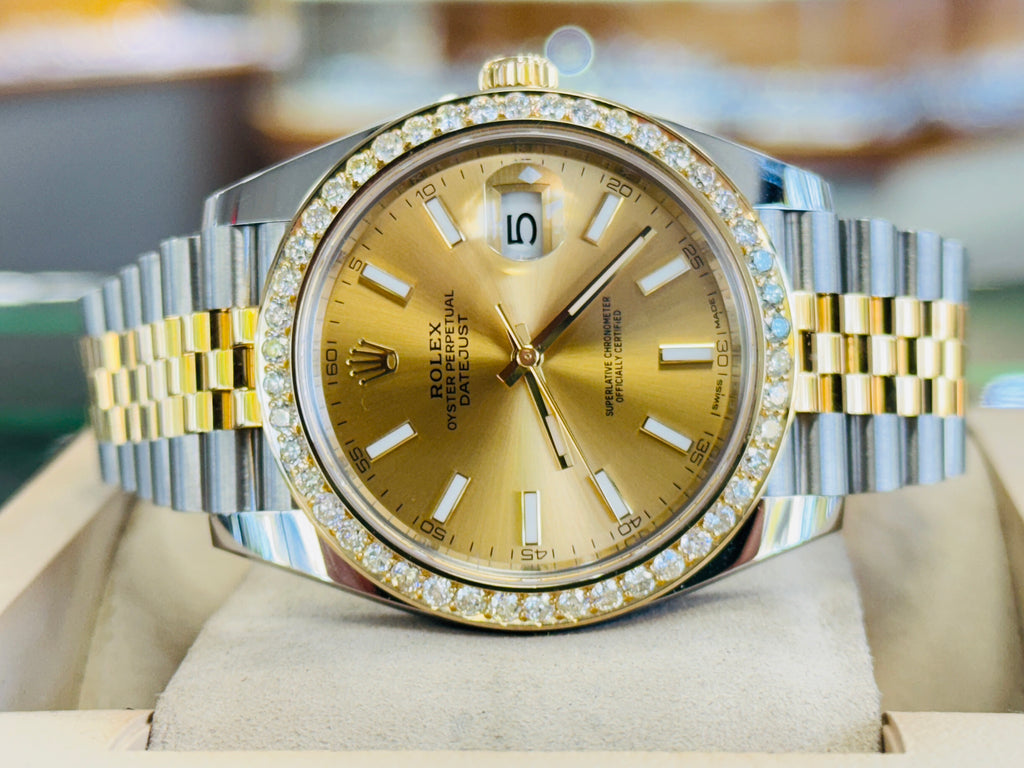 Rolex Datejust 41 126303  18k Yellow Gold/Steel Jubilee Champagne Dial Custom Diamond Bezel Jubilee Box and Papers PreOwned - Diamonds East Intl.
