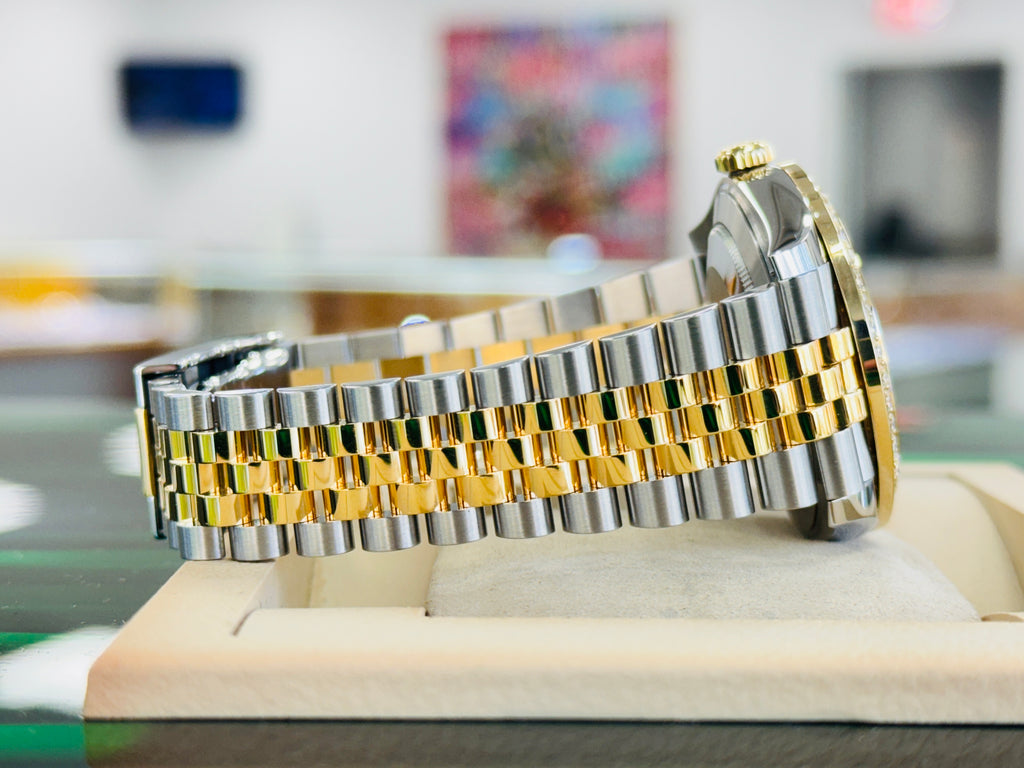 Rolex Datejust 41 126303  18k Yellow Gold/Steel Jubilee Champagne Dial Custom Diamond Bezel Jubilee Box and Papers PreOwned - Diamonds East Intl.