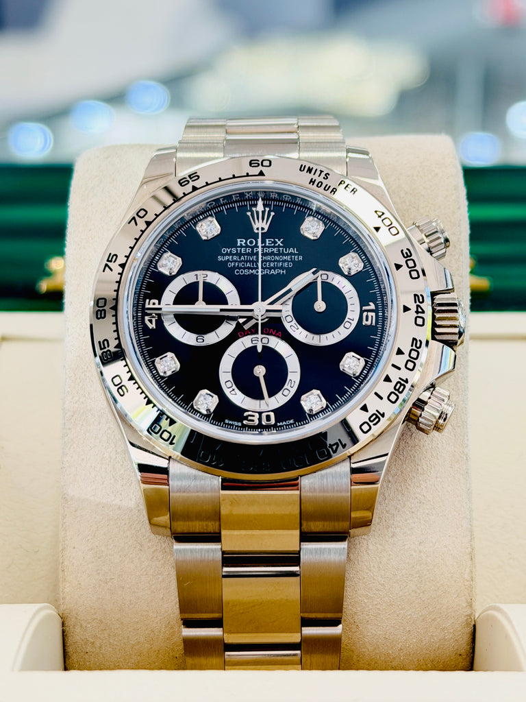 Rolex Daytona 40 116509 White Gold Factory Black Diamond Dial  Box and Papers PreOwned - Diamonds East Intl.