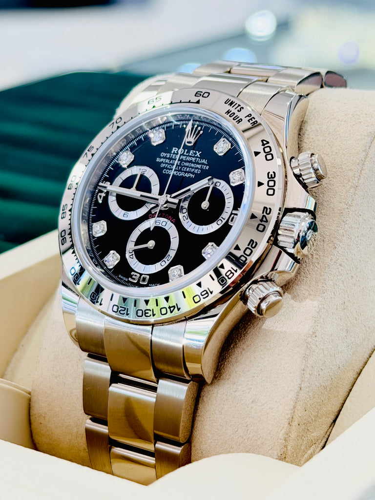 Rolex Daytona 40 116509 White Gold Factory Black Diamond Dial  Box and Papers PreOwned - Diamonds East Intl.