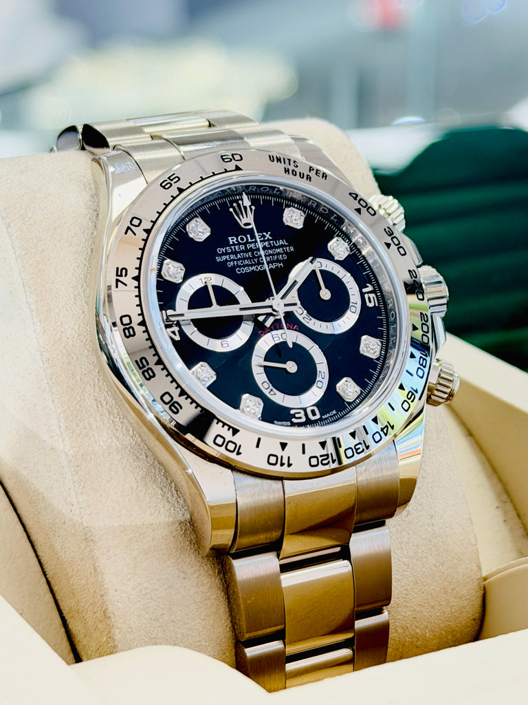 Rolex Daytona 40 116509 White Gold Factory Black Diamond Dial  Box and Papers PreOwned - Diamonds East Intl.