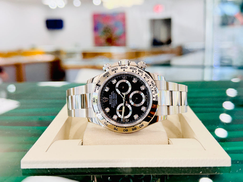 Rolex Daytona 40 116509 White Gold Factory Black Diamond Dial  Box and Papers PreOwned - Diamonds East Intl.