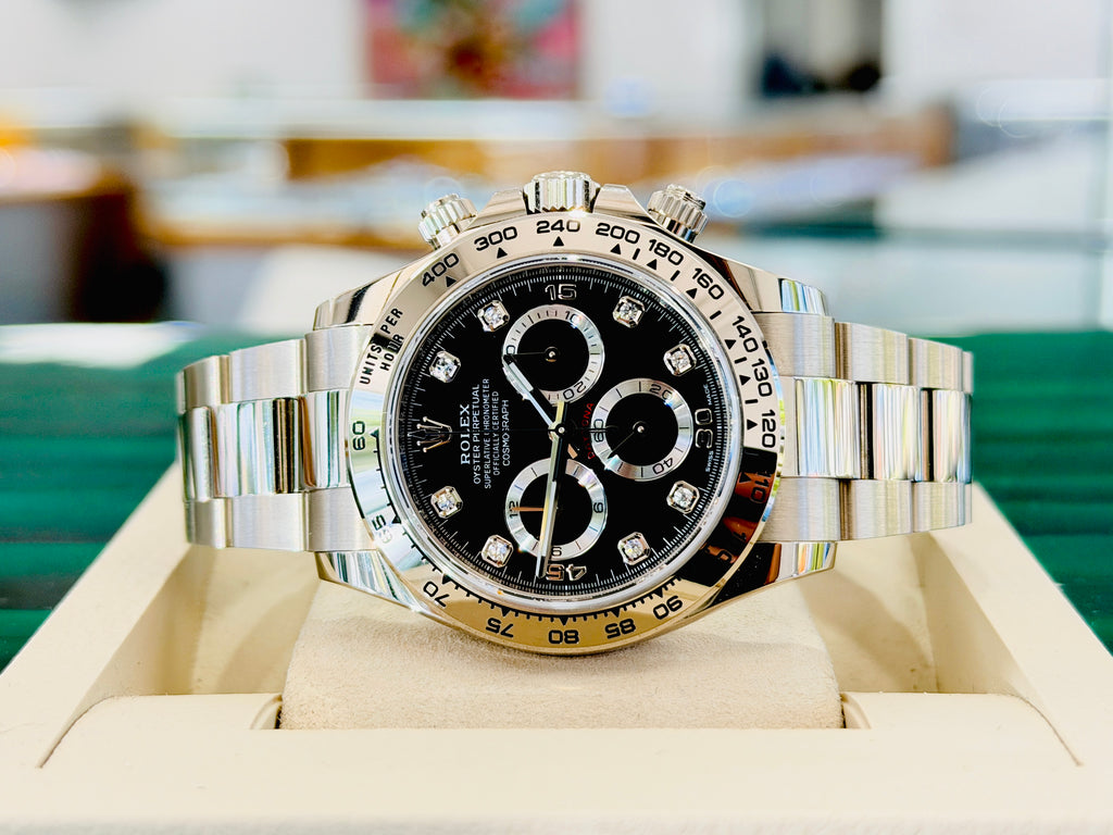 Rolex Daytona 40 116509 White Gold Factory Black Diamond Dial  Box and Papers PreOwned - Diamonds East Intl.