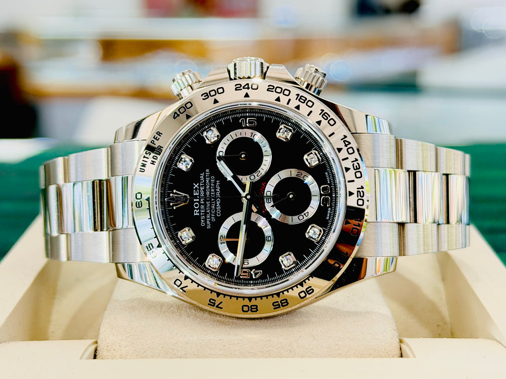 Rolex Daytona 40 116509 White Gold Factory Black Diamond Dial  Box and Papers PreOwned - Diamonds East Intl.