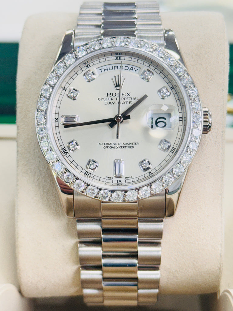 Rolex Day-Date 36 118239 Factory Silver Baguette Diamond Dial  Custom Diamond Bezel PreOwned - Diamonds East Intl.