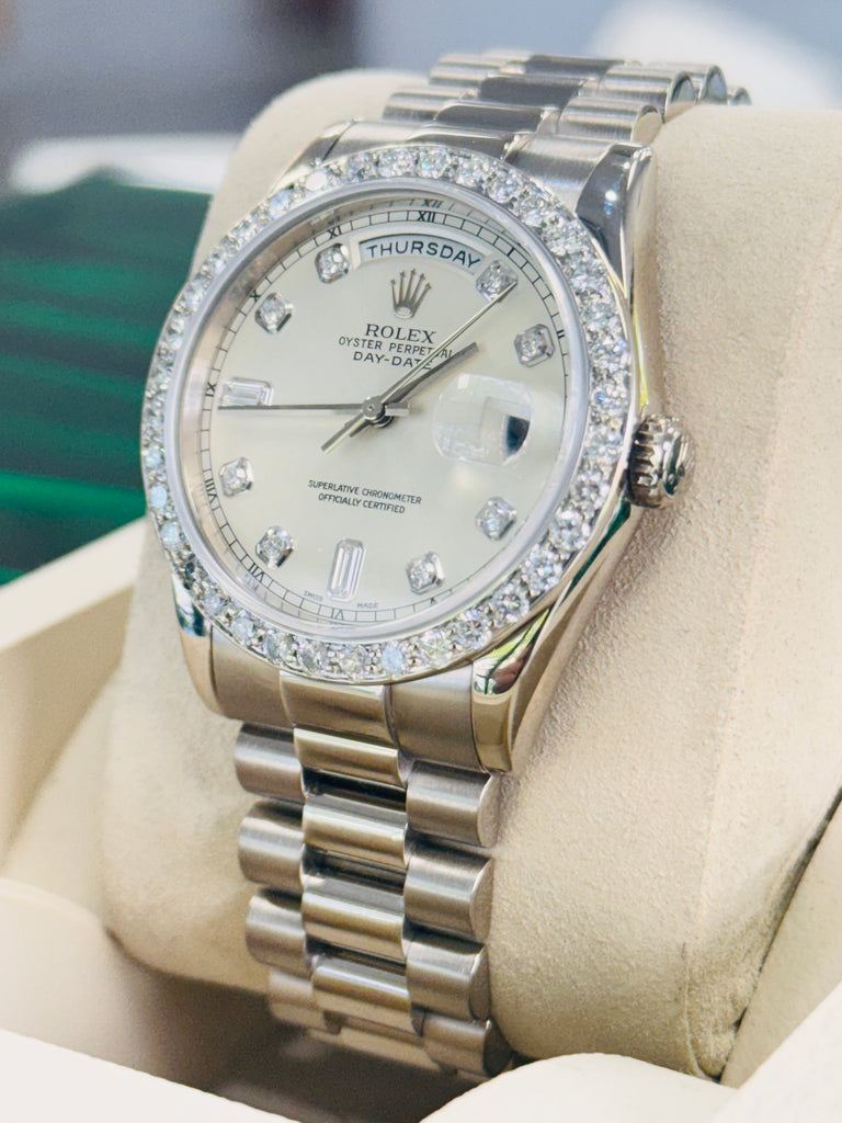 Rolex Day-Date 36 118239 Factory Silver Baguette Diamond Dial  Custom Diamond Bezel PreOwned - Diamonds East Intl.