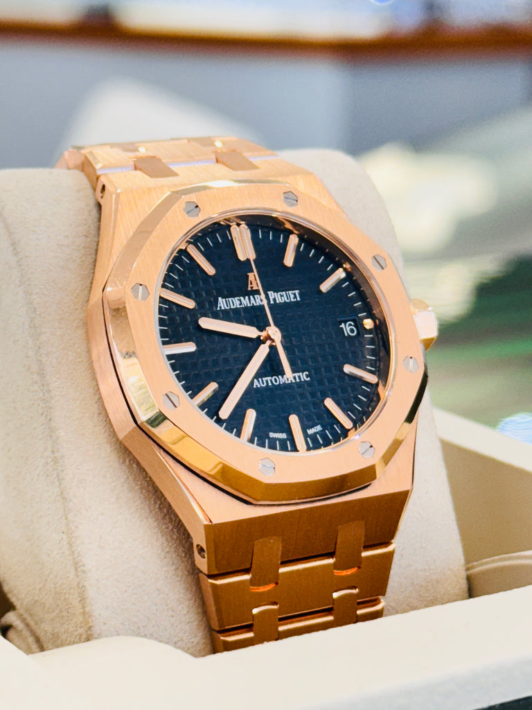 Audemars Piguet Royal Oak 37 Selfwinding Ladies Automatic Black Dial Rose Gold 15450OR.OO.D002CR.01  UNWORN Factory AP Rose Gold Band - Diamonds East Intl.