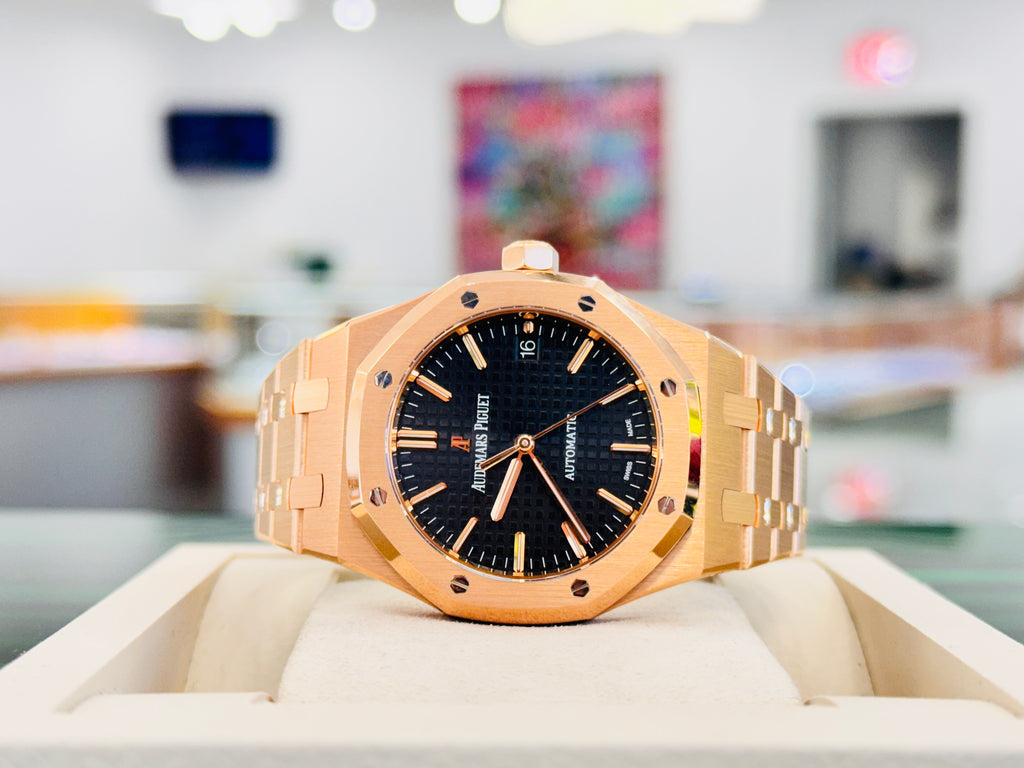 Audemars Piguet Royal Oak 37 Selfwinding Ladies Automatic Black Dial Rose Gold 15450OR.OO.D002CR.01  UNWORN Factory AP Rose Gold Band - Diamonds East Intl.