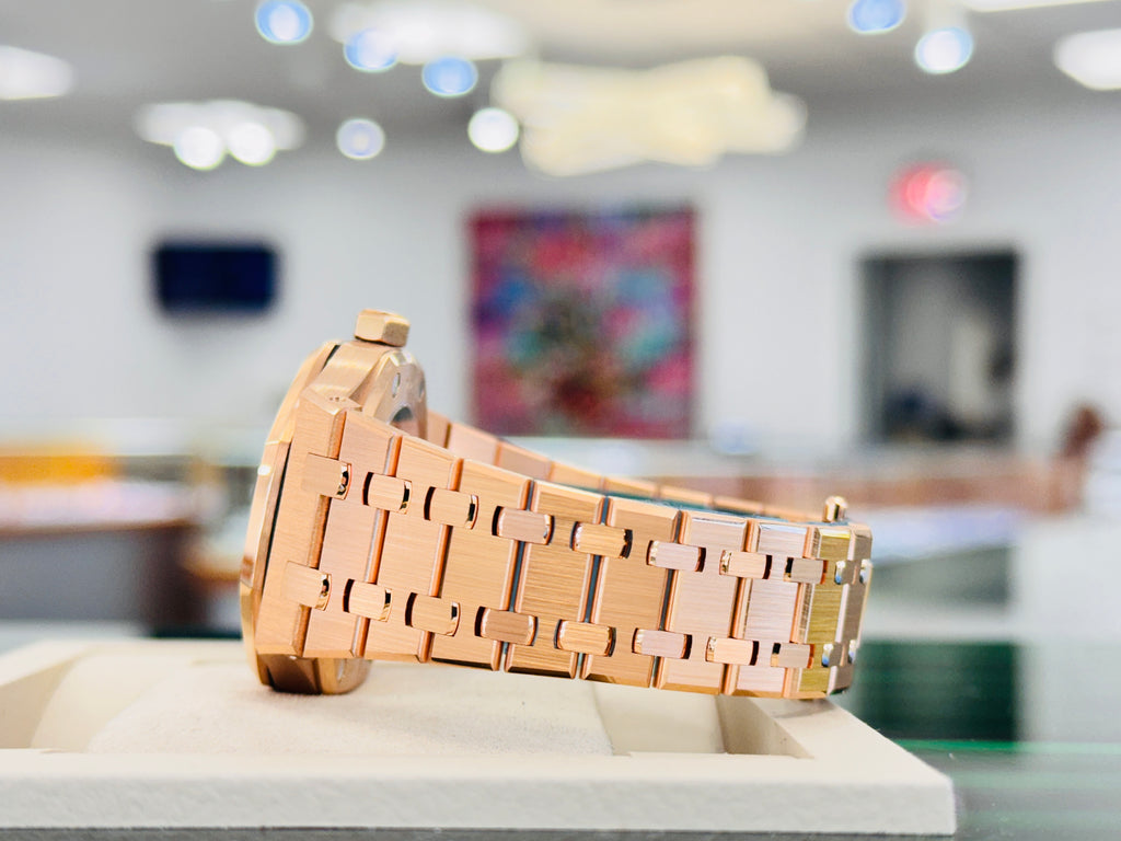 Audemars Piguet Royal Oak 37 Selfwinding Ladies Automatic Black Dial Rose Gold 15450OR.OO.D002CR.01  UNWORN Factory AP Rose Gold Band - Diamonds East Intl.