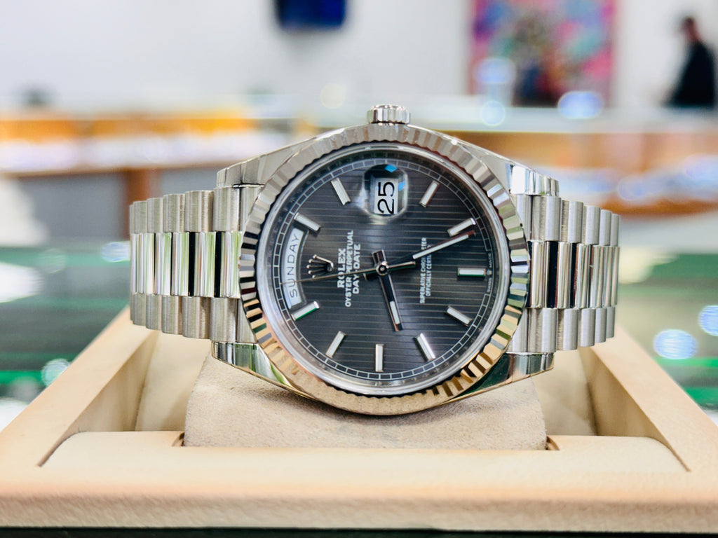 Rolex Day-Date 40 228239 White Gold Dark Rhodium Stripe Motif Dial Box and Papers UNWORN FULLY STICKRED!