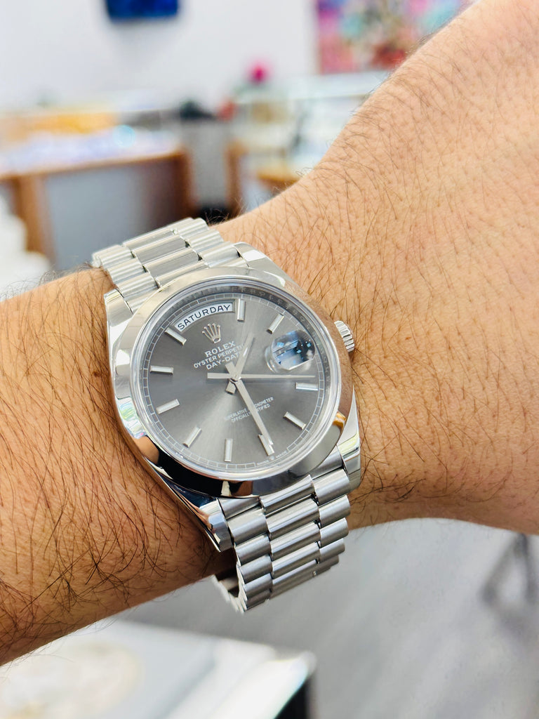 Rolex Day-Date 40mm Platinum 228206 Grey PreOwned Diamonds East
