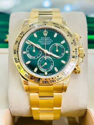 Rolex Daytona 116508 “Known as the John mayer” Cosmograph 40mm Yellow Gold Green Index Dial  Box and Papers PreOwned - Diamonds East Intl.