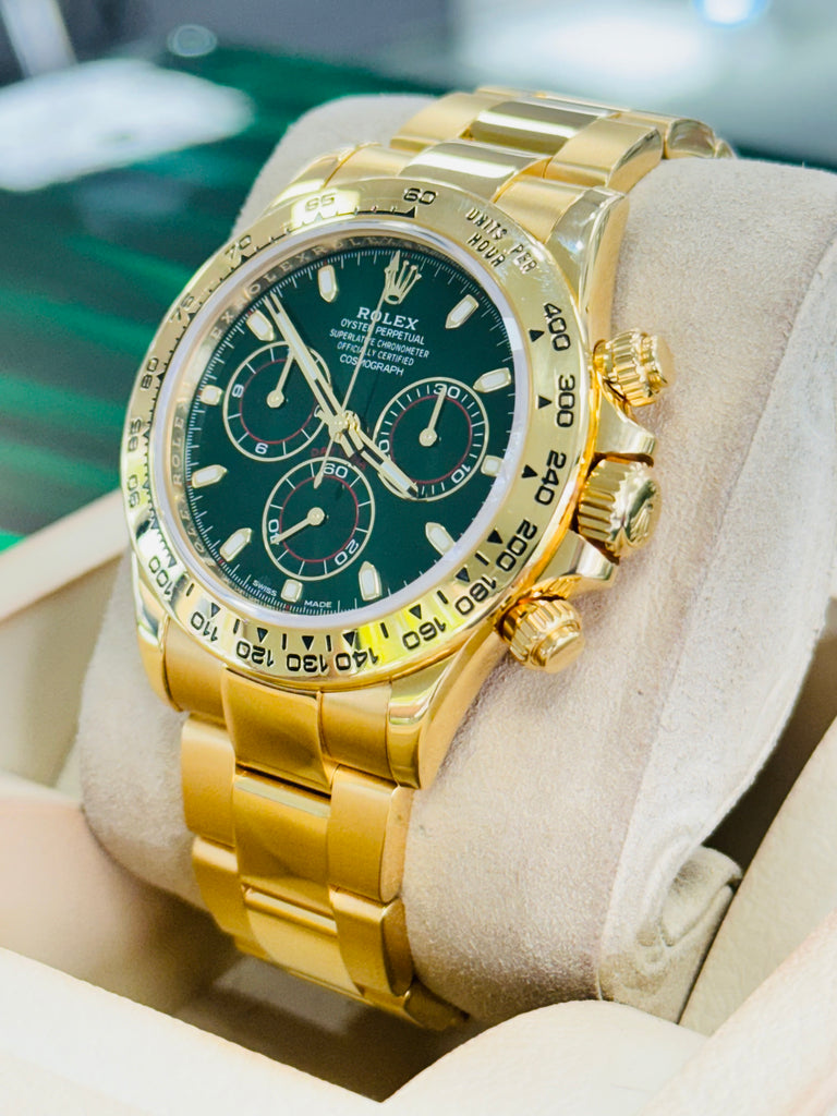 Rolex Daytona 116508 “Known as the John mayer” Cosmograph 40mm Yellow Gold Green Index Dial  Box and Papers PreOwned - Diamonds East Intl.