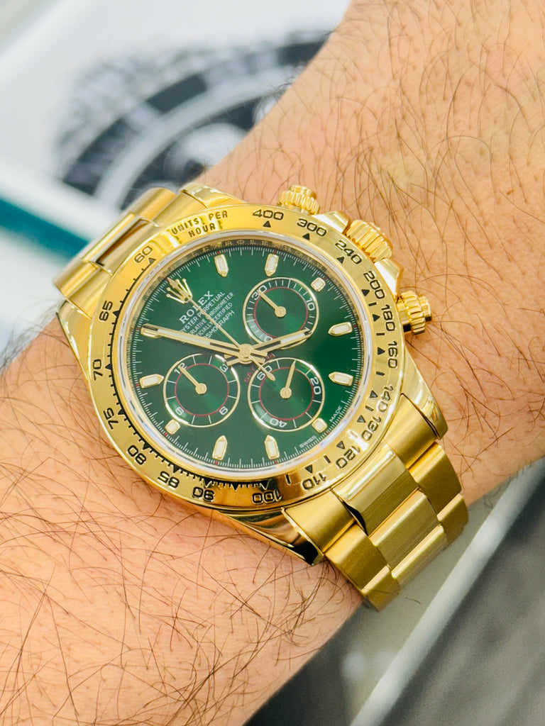 Rolex Daytona 116508 “Known as the John mayer” Cosmograph 40mm Yellow Gold Green Index Dial  Box and Papers PreOwned - Diamonds East Intl.