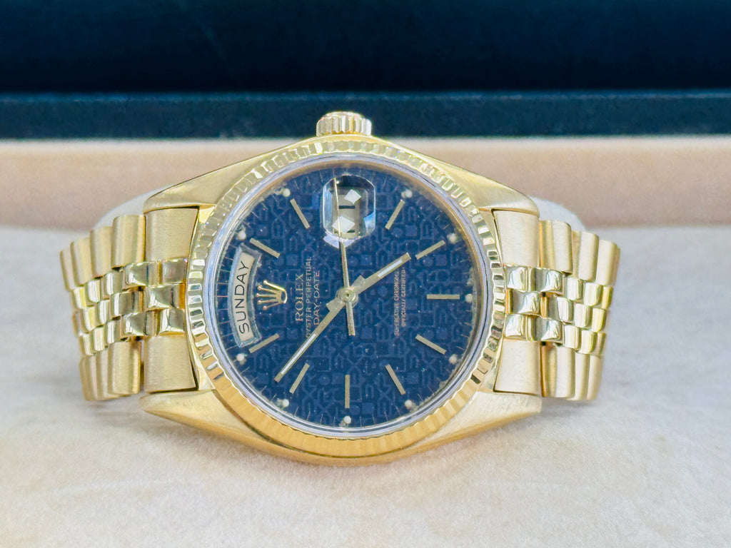 Rolex  Day-Date 36 18038 Factory Blueish / Purple Jubilee Dial Rare Jubilee Band 6 million Serial Number Vintage COMPLETED BOX PAPERS - Diamonds East Intl.