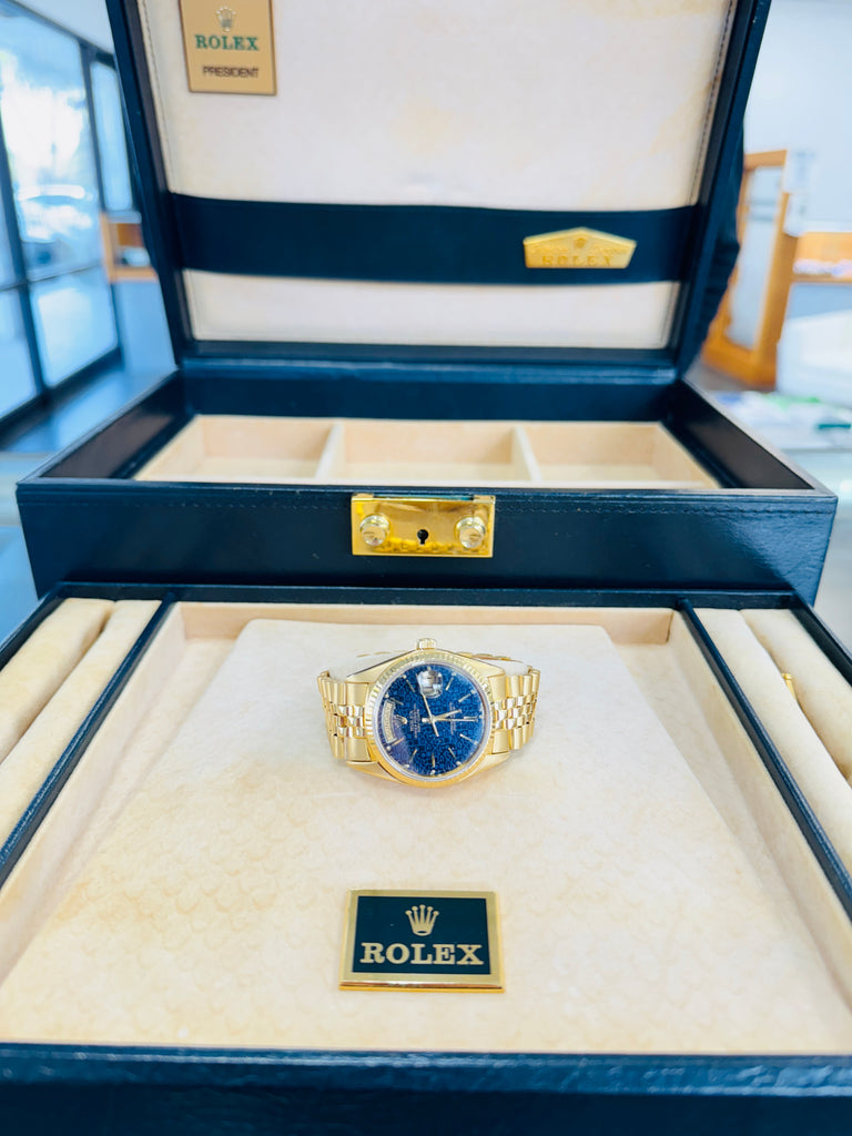 Rolex  Day-Date 36 18038 Factory Blueish / Purple Jubilee Dial Rare Jubilee Band 6 million Serial Number Vintage COMPLETED BOX PAPERS - Diamonds East Intl.