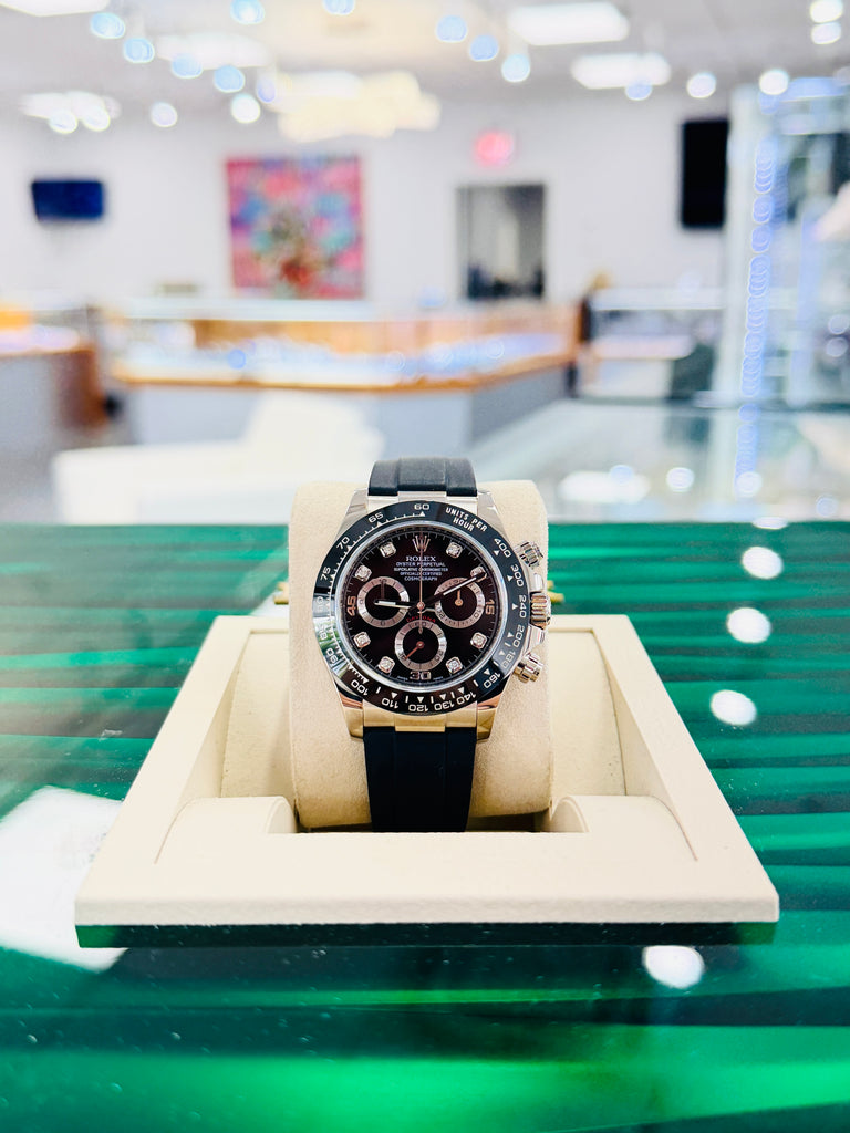 Rolex Daytona 116519LN  White Gold Oysterflex Factory  Black Diamond Dial PreOwned - Diamonds East Intl.