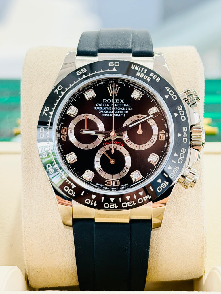 Rolex Daytona 116519LN  White Gold Oysterflex Factory  Black Diamond Dial PreOwned - Diamonds East Intl.