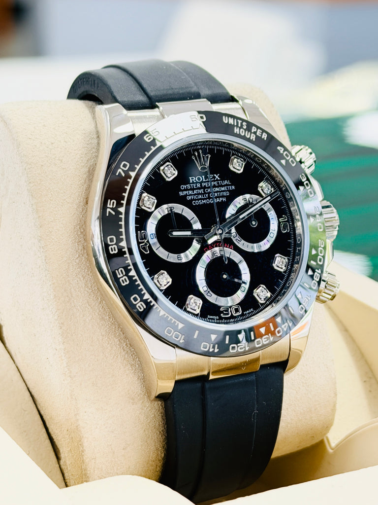 Rolex Daytona 116519LN  White Gold Oysterflex Factory  Black Diamond Dial PreOwned - Diamonds East Intl.