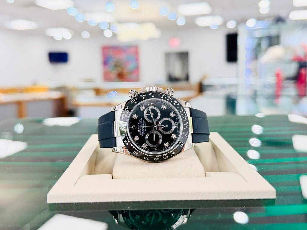 Rolex Daytona 116519LN  White Gold Oysterflex Factory  Black Diamond Dial PreOwned - Diamonds East Intl.