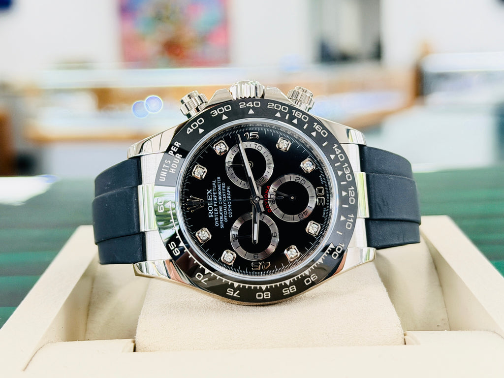 Rolex Daytona 116519LN  White Gold Oysterflex Factory  Black Diamond Dial PreOwned - Diamonds East Intl.