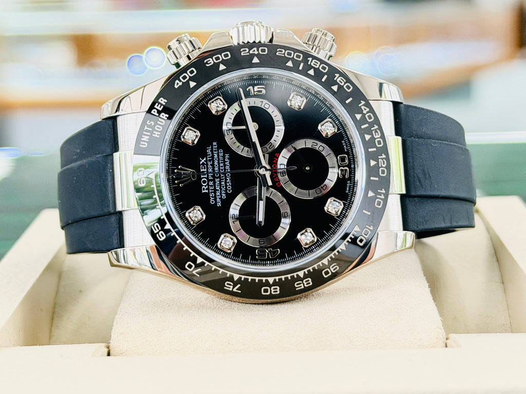 Rolex Daytona 116519LN  White Gold Oysterflex Factory  Black Diamond Dial PreOwned - Diamonds East Intl.