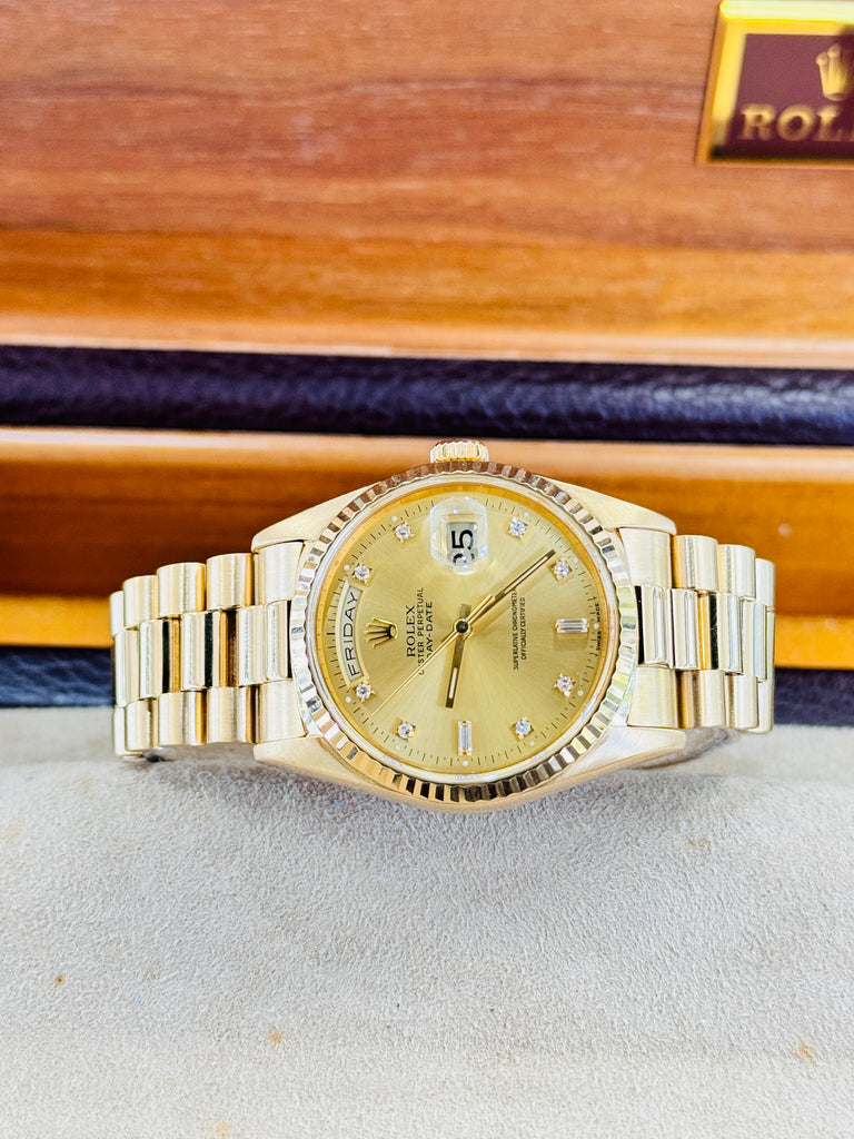 Rolex Day-Date 36 18238  Double Quick FACTORY Champagne Diamond Dial FULL SET Box and Papers MINT