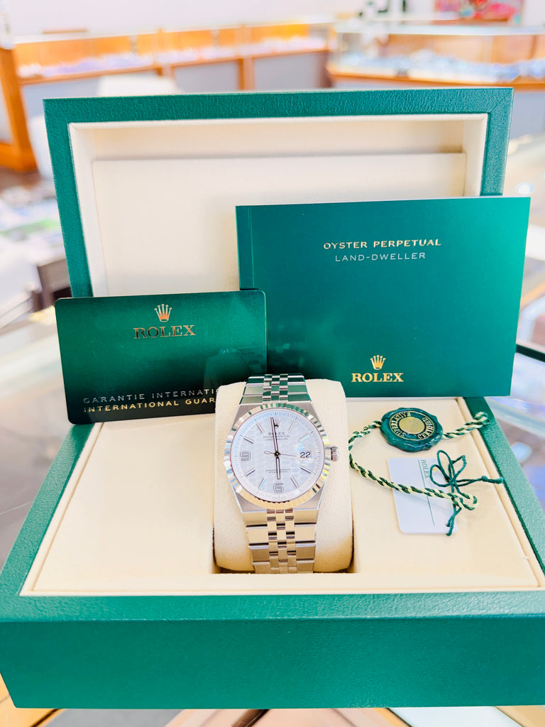 Rolex Land-Dweller 127334 40mm Stainless Steel White Gold Bezel White Honeycomb Dial Box and Papers Unworn