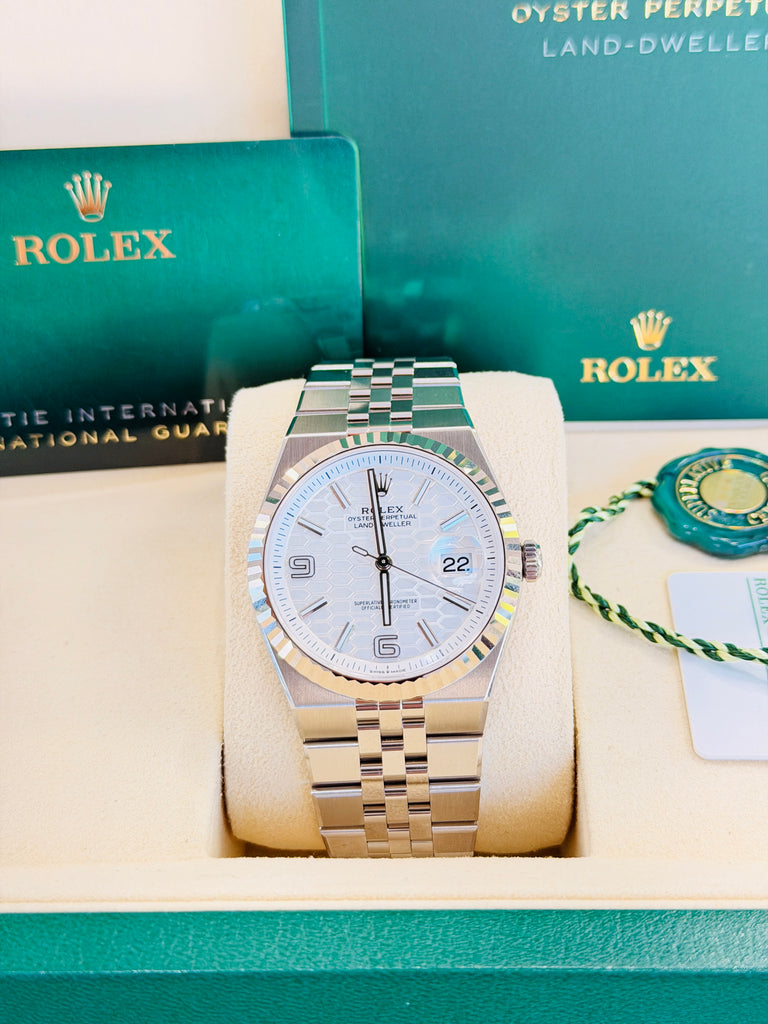 Rolex Land-Dweller 127334 40mm Stainless Steel White Gold Bezel White Honeycomb Dial Box and Papers Unworn