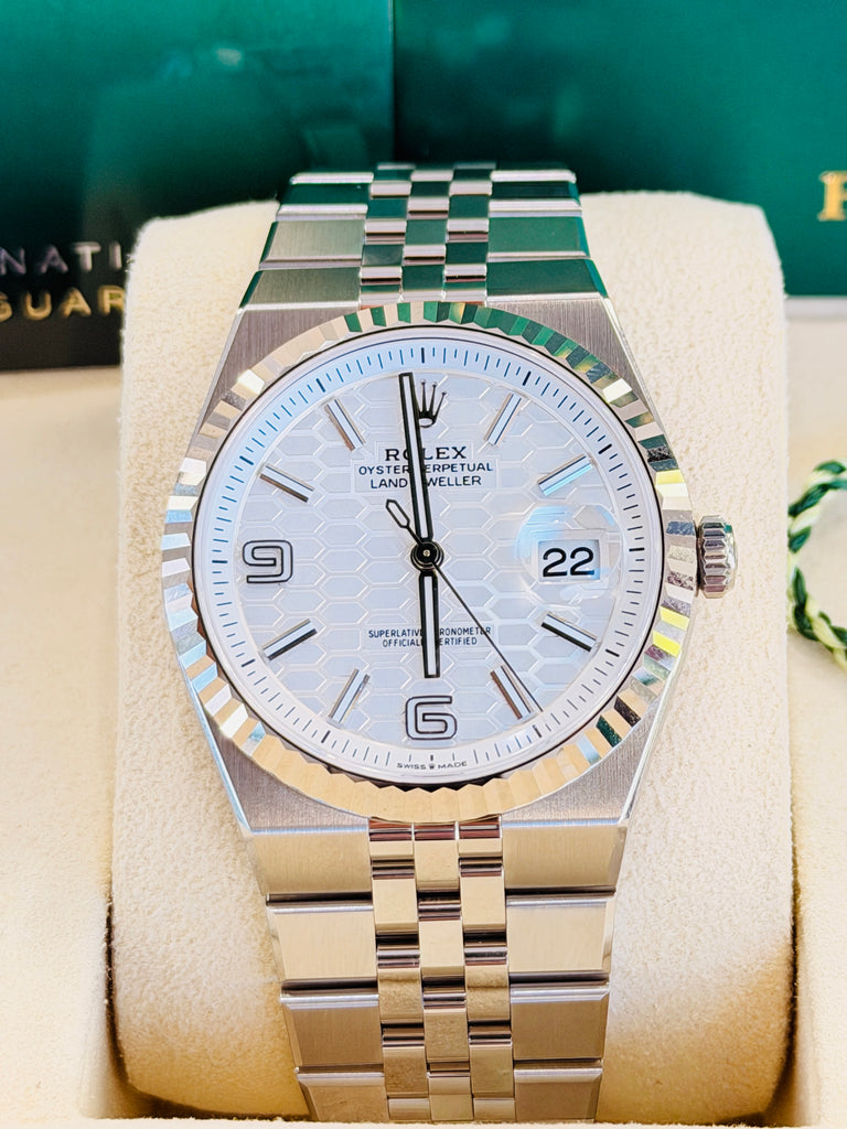 Rolex Land-Dweller 127334 40mm Stainless Steel White Gold Bezel White Honeycomb Dial Box and Papers Unworn
