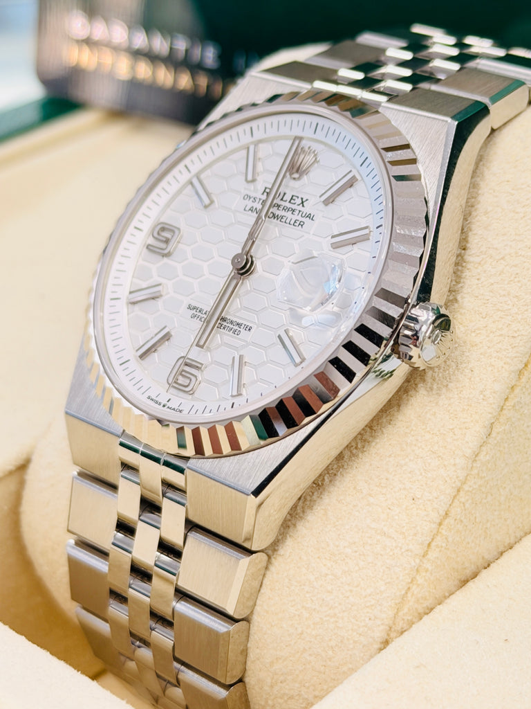 Rolex Land-Dweller 127334 40mm Stainless Steel White Gold Bezel White Honeycomb Dial Box and Papers Unworn