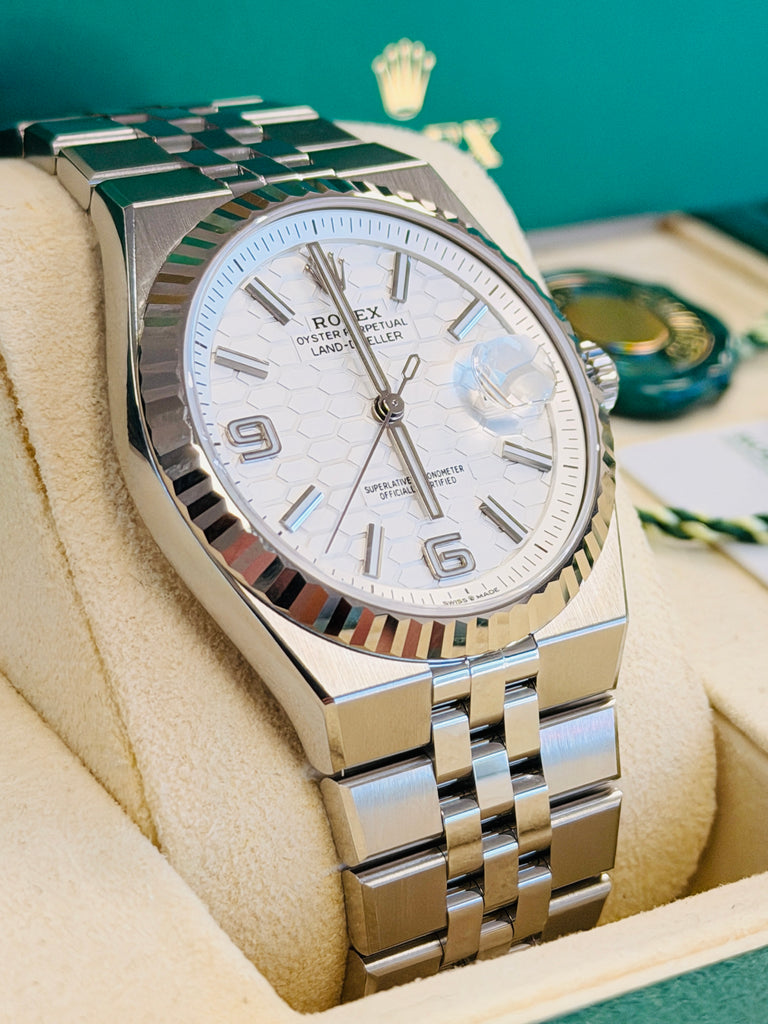 Rolex Land-Dweller 127334 40mm Stainless Steel White Gold Bezel White Honeycomb Dial Box and Papers Unworn