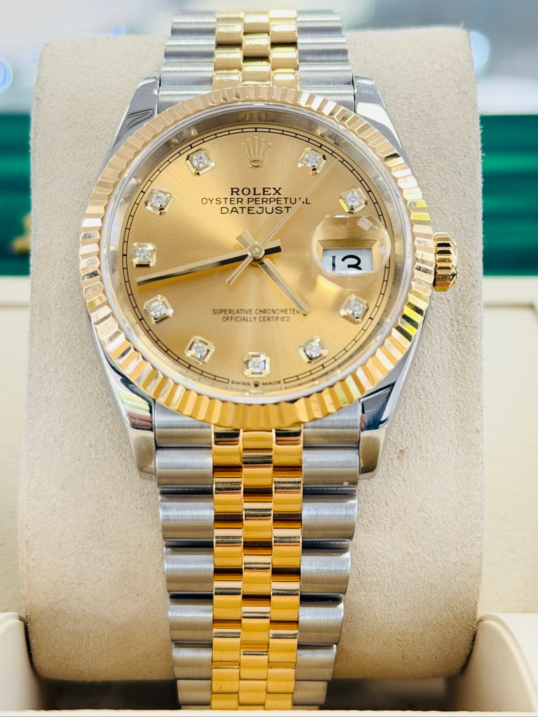Rolex Datejust 36 126233 Stainless and Gold Factory Champagne Diamond Dial  Jubilee Box and Papers PreOwned - Diamonds East Intl.