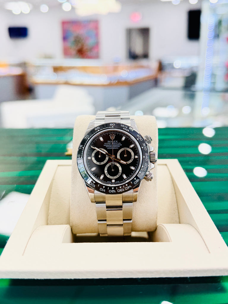 Rolex Daytona Cosmograph 116520 40mm Stainless Steel Black Dial  Custom Black Ceramic Bezel style  Box and Papers PreOwned - Diamonds East Intl.