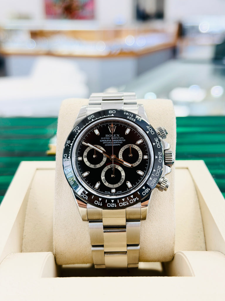 Rolex Daytona Cosmograph 116520 40mm Stainless Steel Black Dial  Custom Black Ceramic Bezel style  Box and Papers PreOwned - Diamonds East Intl.