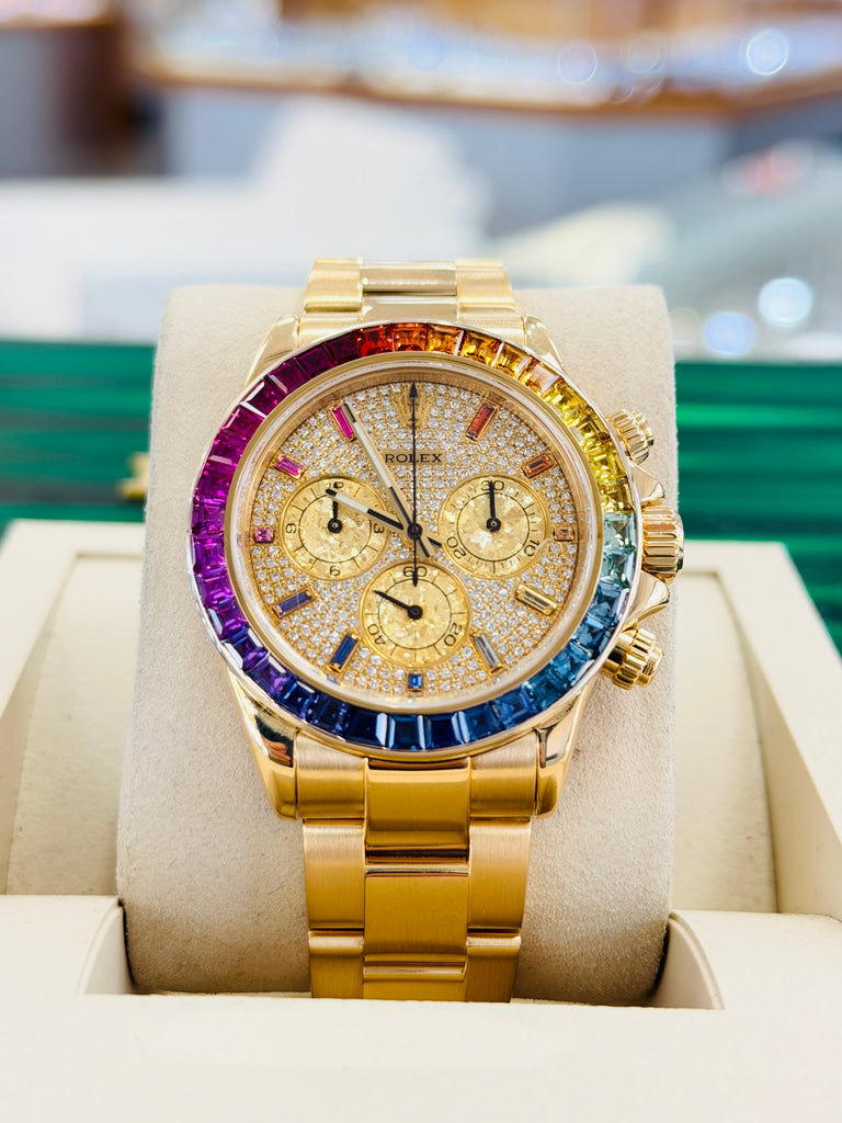 Rolex Daytona 116528 40 18k Yellow Gold Custom Rainbow Bezel Custom Pave Diamonds & Sapphires Dial  PreOwned - Diamonds East Intl.